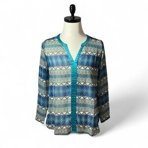 Cowgirl‎ Up Womens Blue Multi Geometric Print Long Sleeve Blouse Sheer Top Boho